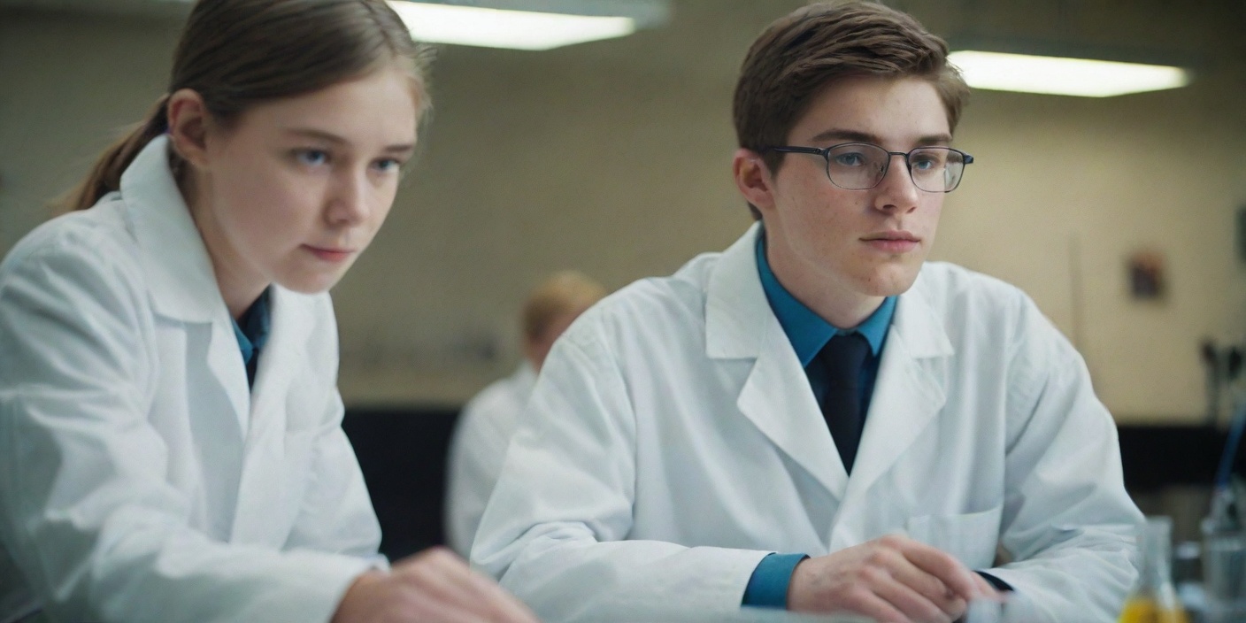 College science student and 7th grader performing a chemical experiment